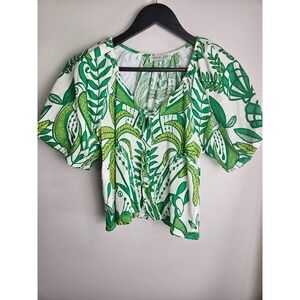 Rachel Zoe Green Leaf Print Puff Sleeve Crop Top Women's Small Blouse